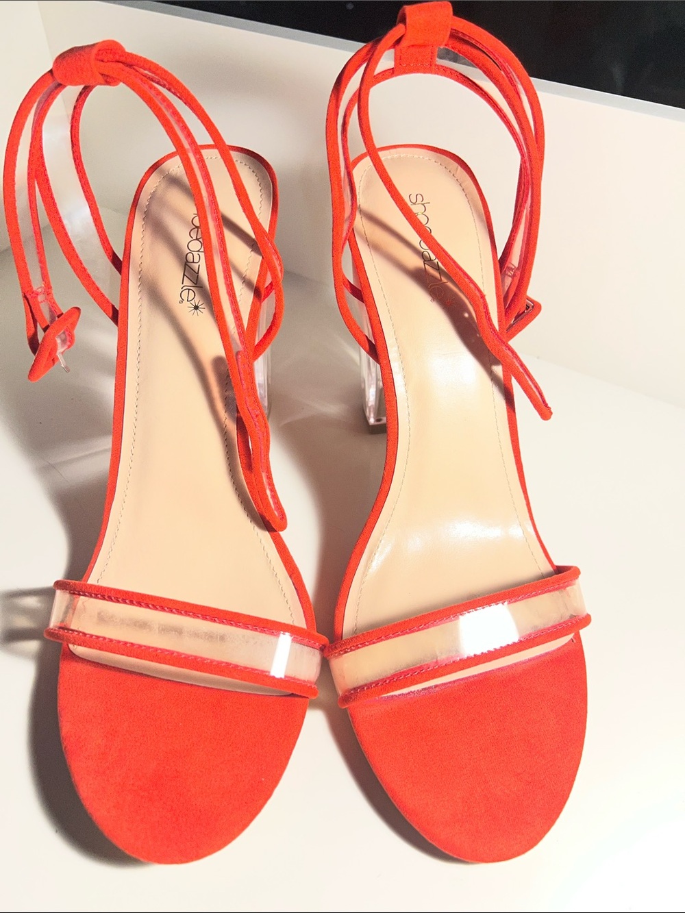 Women’s Shoe Dazzle Bright Orange/Red Suede Ankle-Tie Heels with Clear Toe Strap